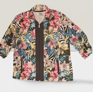Blair Tropical Floral Zip Up Top Jacket Womens Large Jersey 80s Comfortable